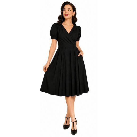 Unique Vintage Dresses & Skirts - Unique Vintage Black Fit & Flare Dress Puff Sleeve Faux Wrap Retro Pinup Large